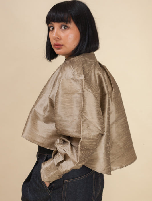 Cropped Shirt- Limited Raw Silk Khaki