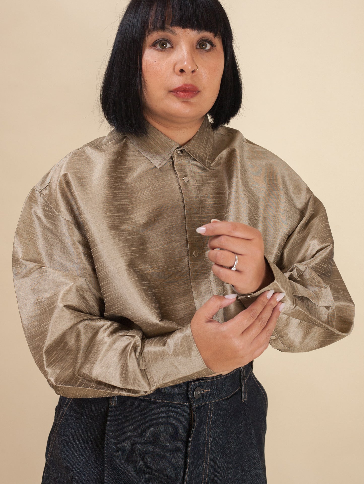 Cropped Shirt- Limited Raw Silk Khaki
