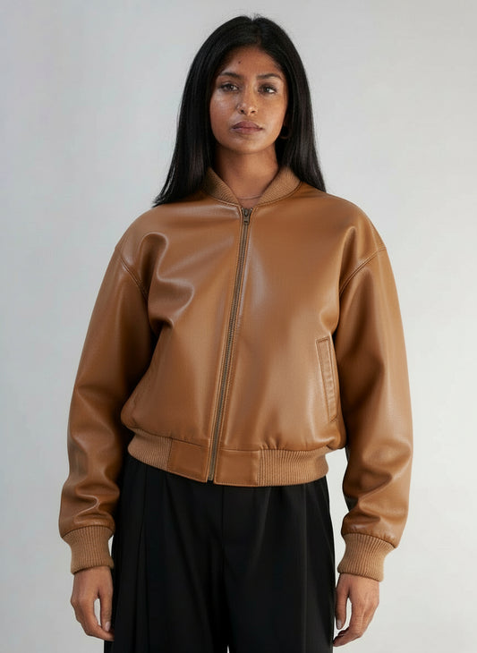 Cropped Nappa Leather Jacket (Tan )