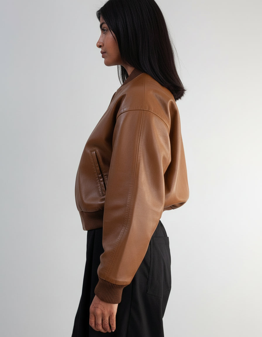 Cropped Nappa Leather Jacket ( Tan)