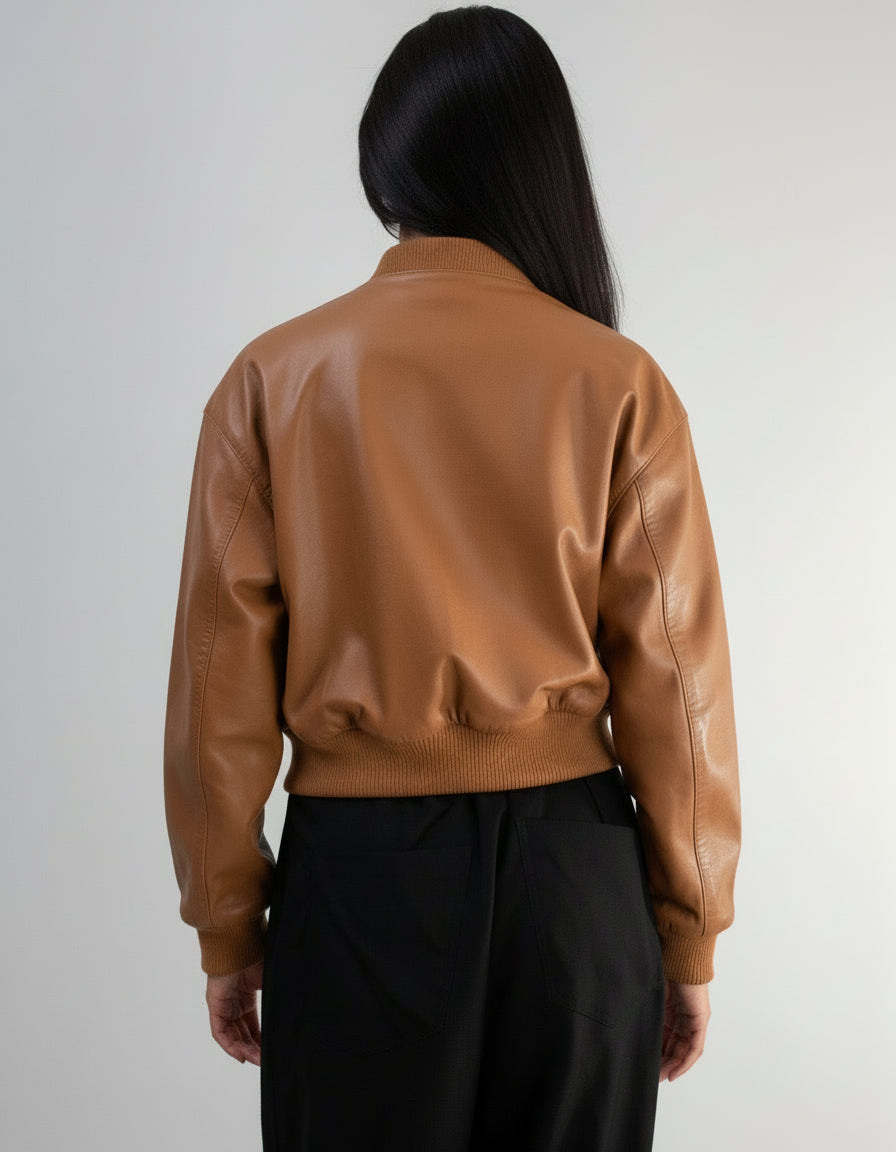 Cropped Nappa Leather Jacket (Tan )