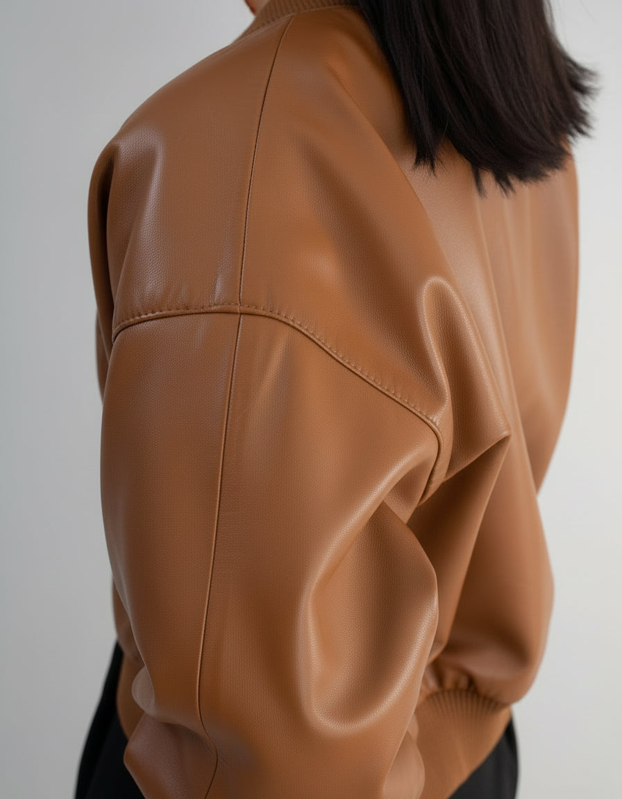 Cropped Nappa Leather Jacket( Brown )