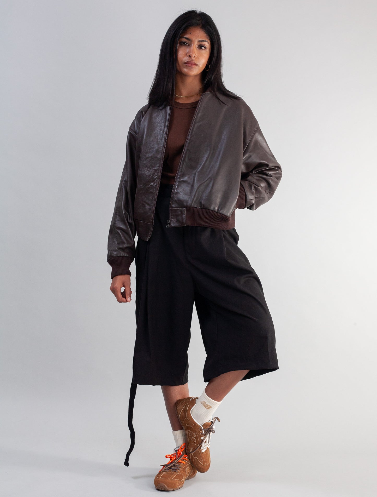 Cropped Nappa Leather Jacket( Brown )