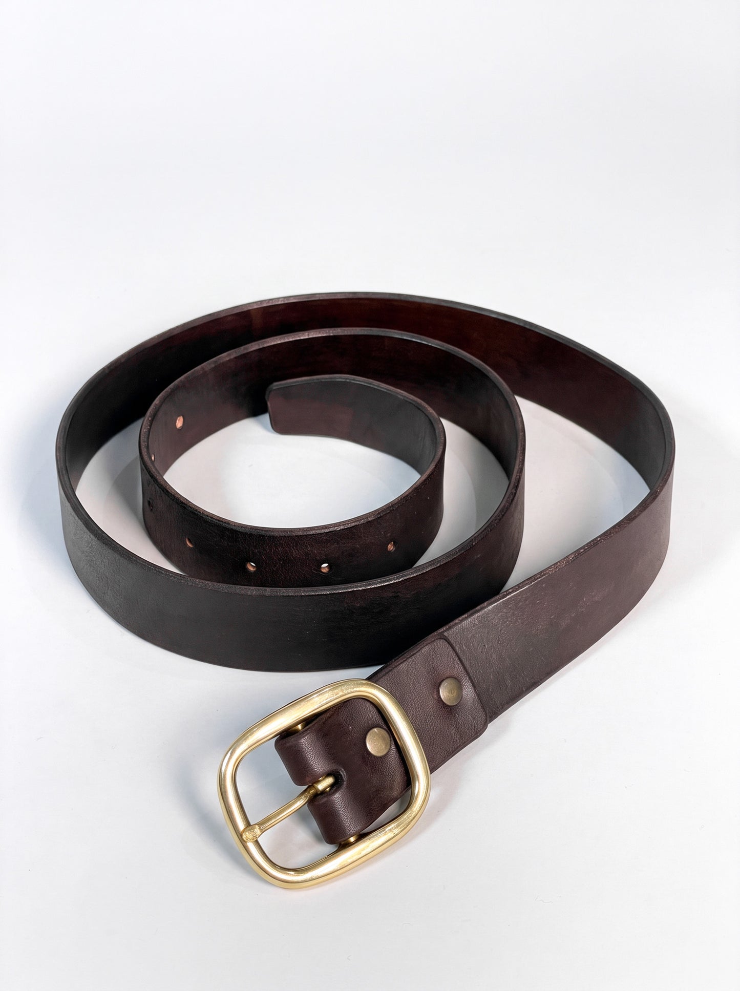 A dark brown leather belt with a gold-tone buckle, coiled on a light gray background.