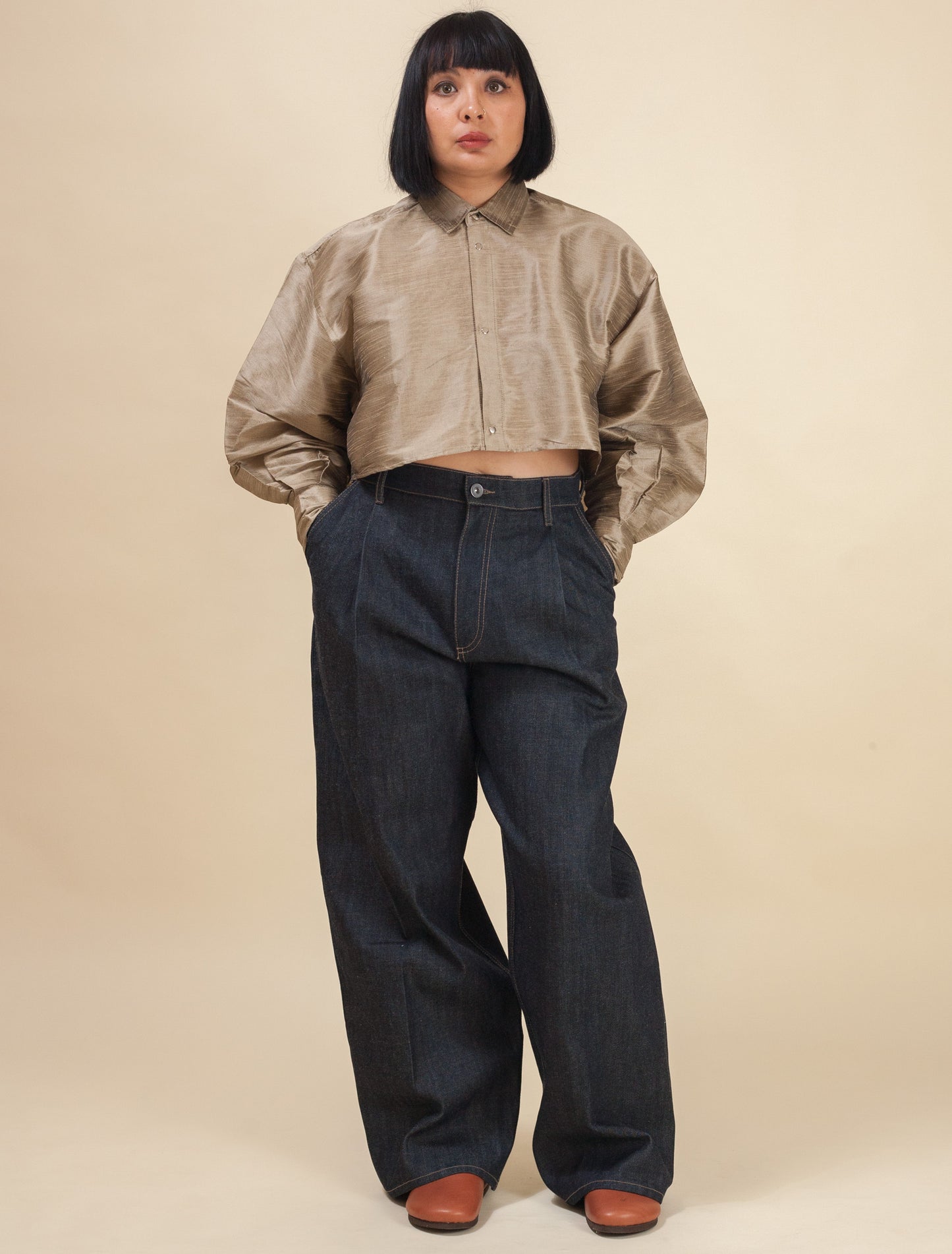 Cropped Shirt- Limited Raw Silk Khaki