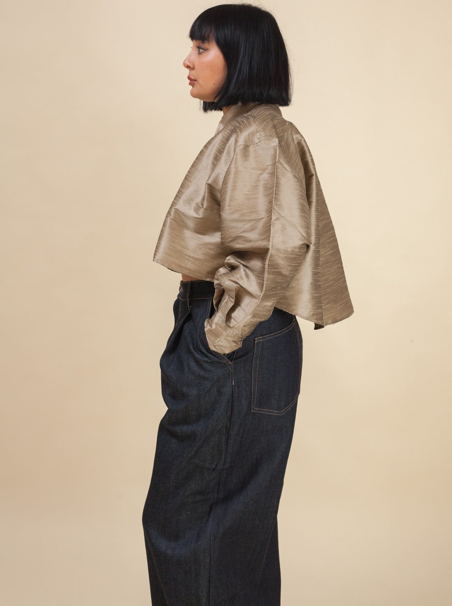 Cropped Shirt-Raw Silk (Khaki)