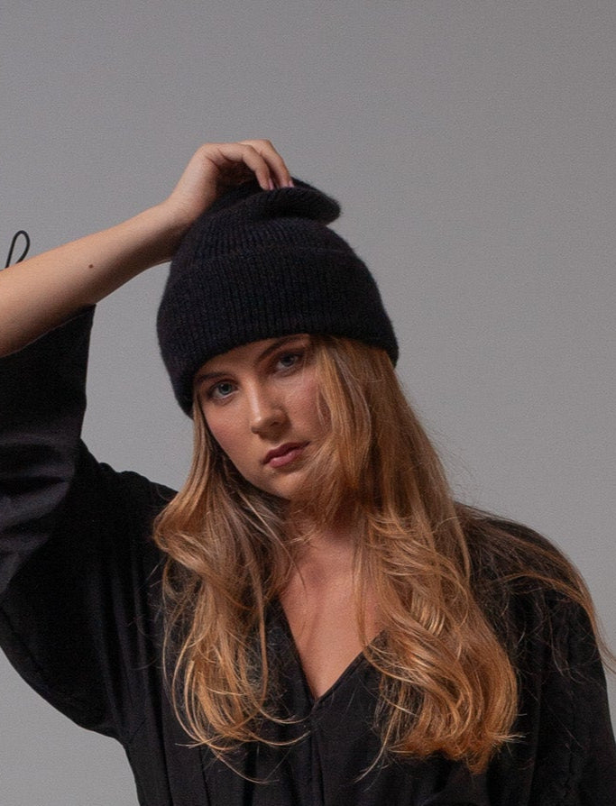 Mohair and Wool Long Beanie ( Black )