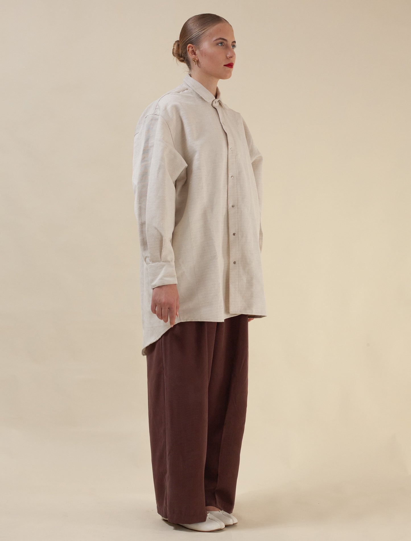 Mid-Length Shirt (Striped Camel Twill)