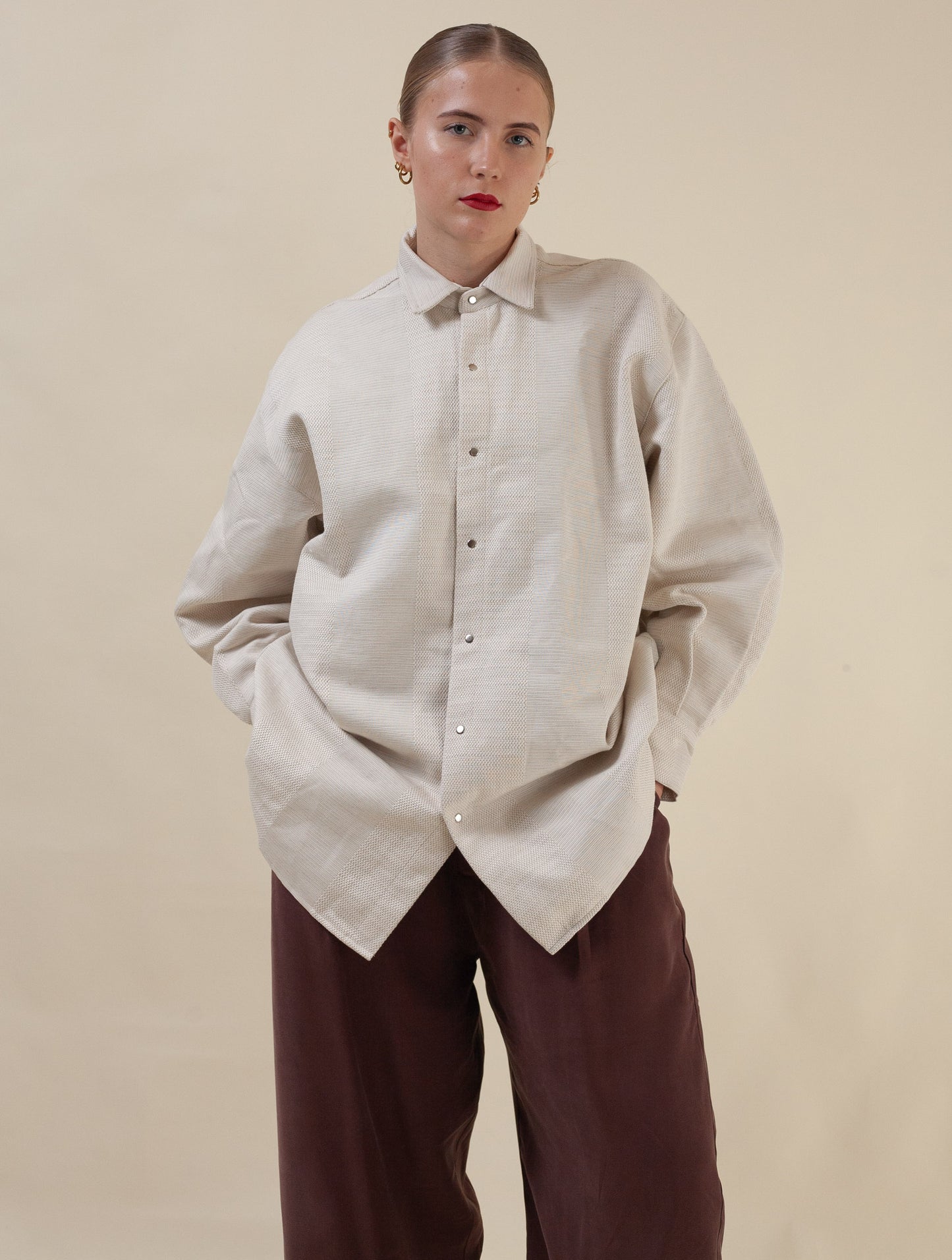 Mid-Length Shirt (Striped Camel Twill)