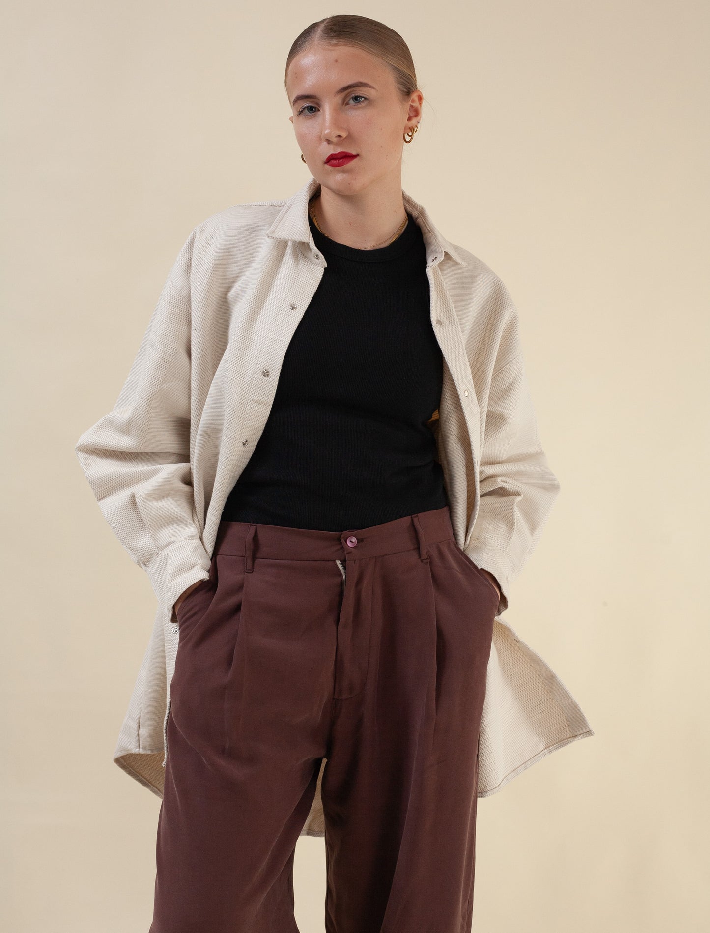 Mid-Length Shirt (Striped Camel Twill)