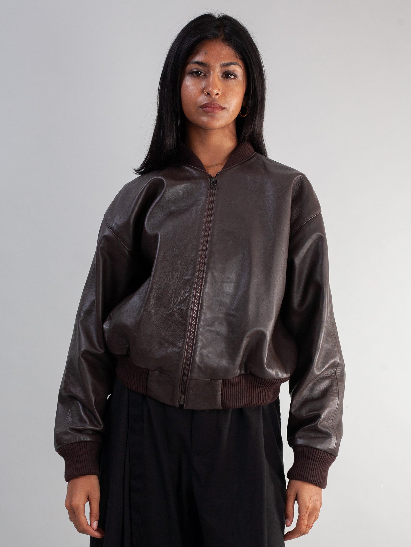 Cropped Nappa Leather Jacket( Brown )