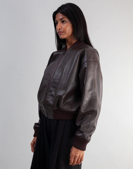 Cropped Nappa Leather Jacket( Brown )