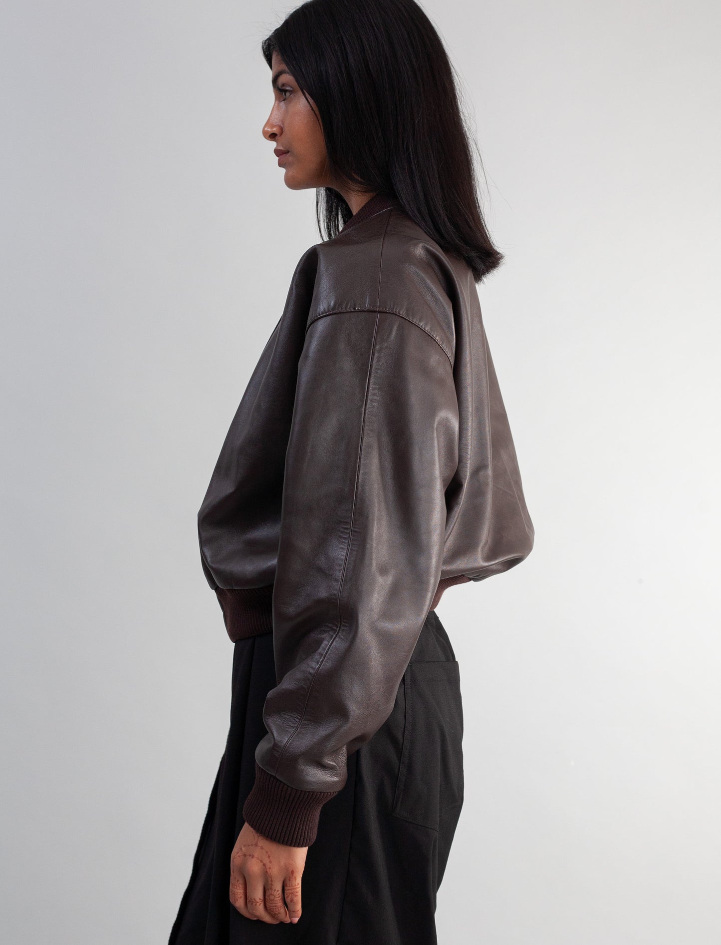 Cropped Nappa Leather Jacket( Brown )