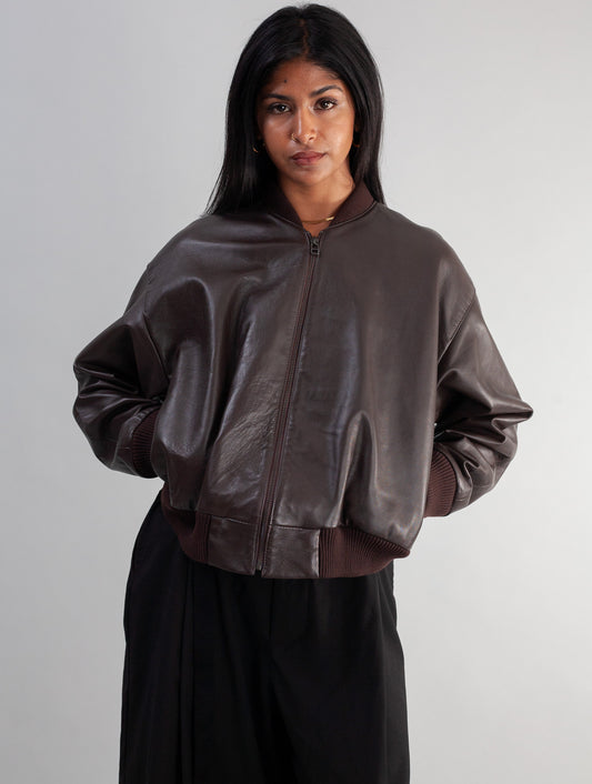 Cropped Nappa Leather Jacket( Brown )