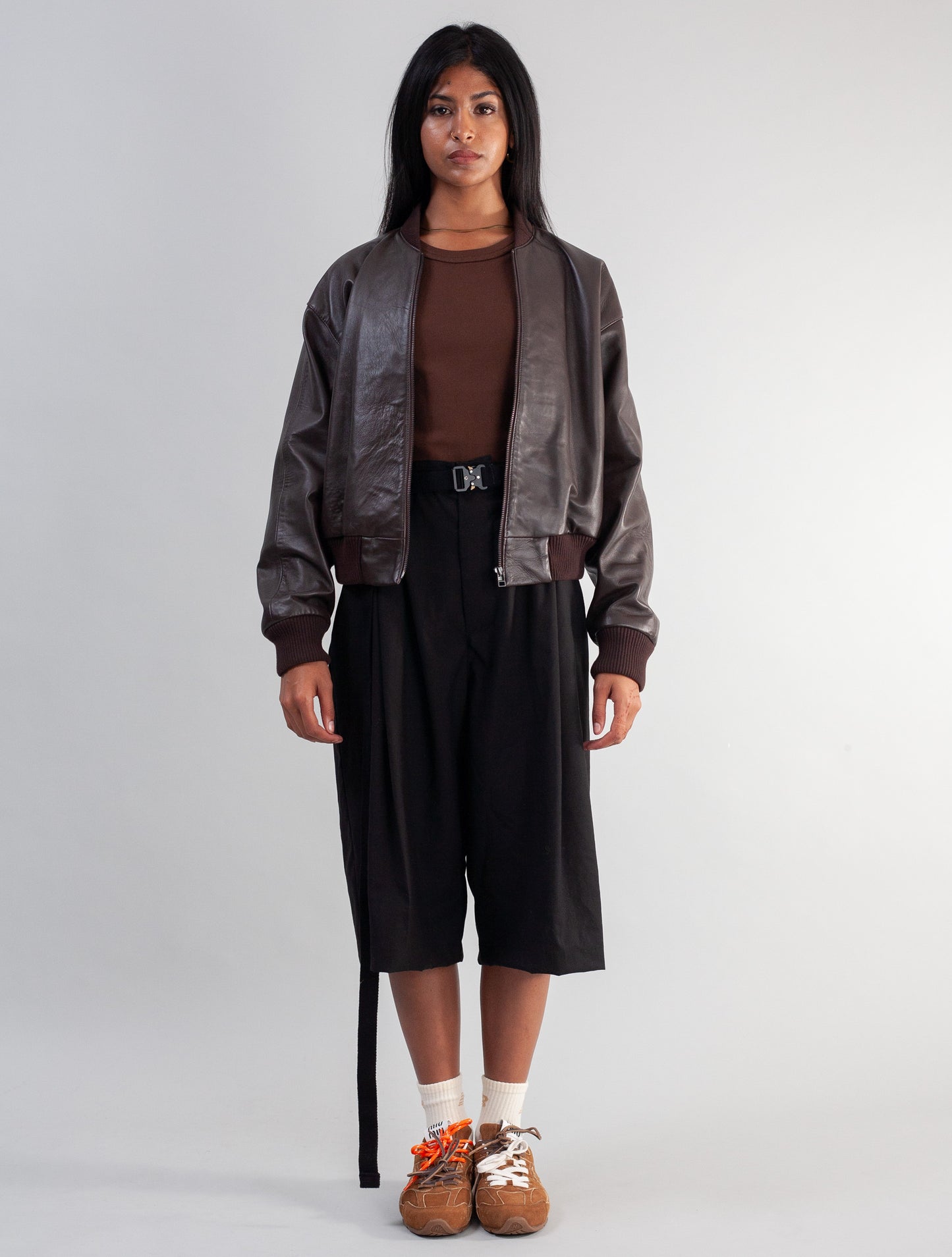 Cropped Nappa Leather Jacket( Brown )