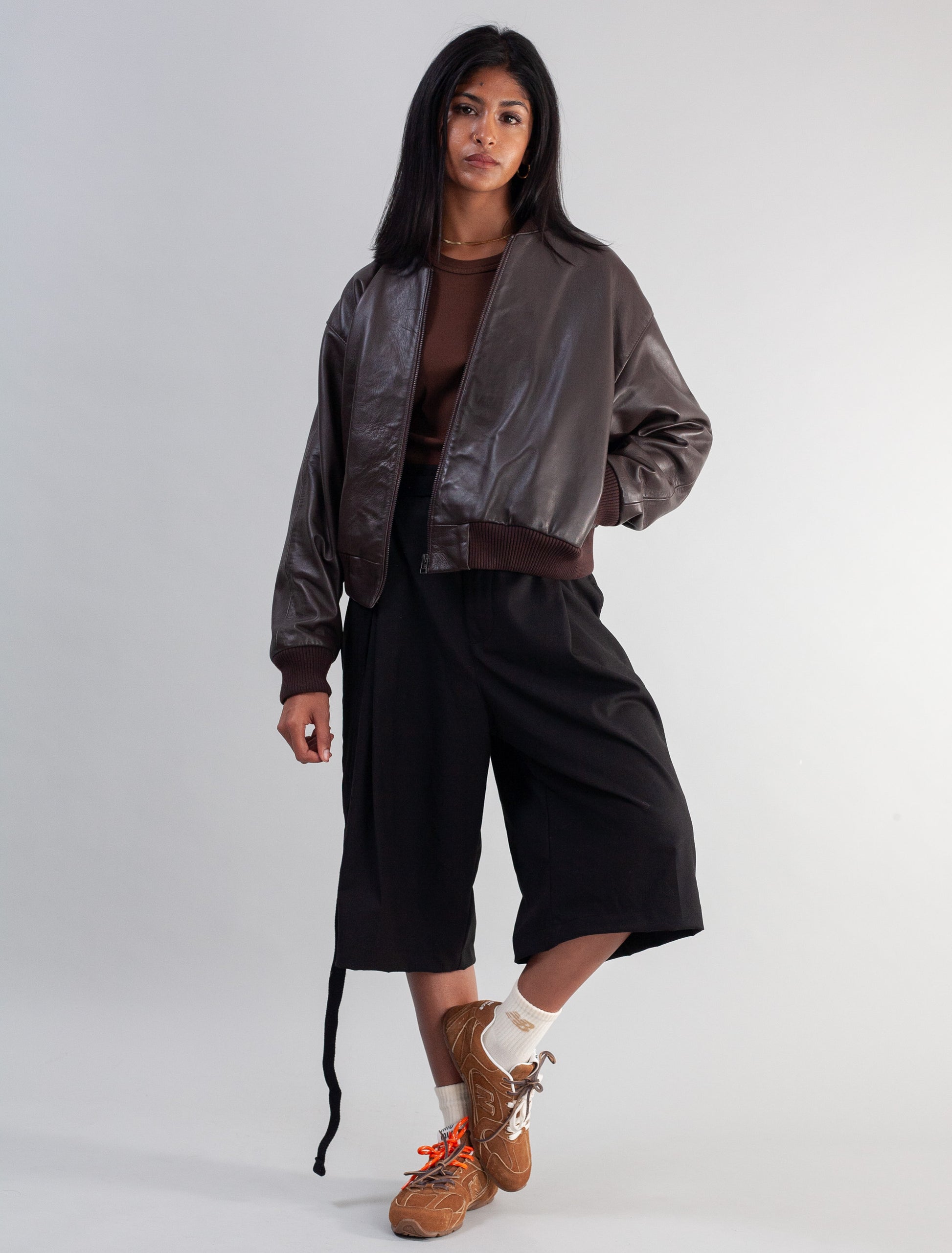 Cropped Nappa Leather Jacket( Brown )