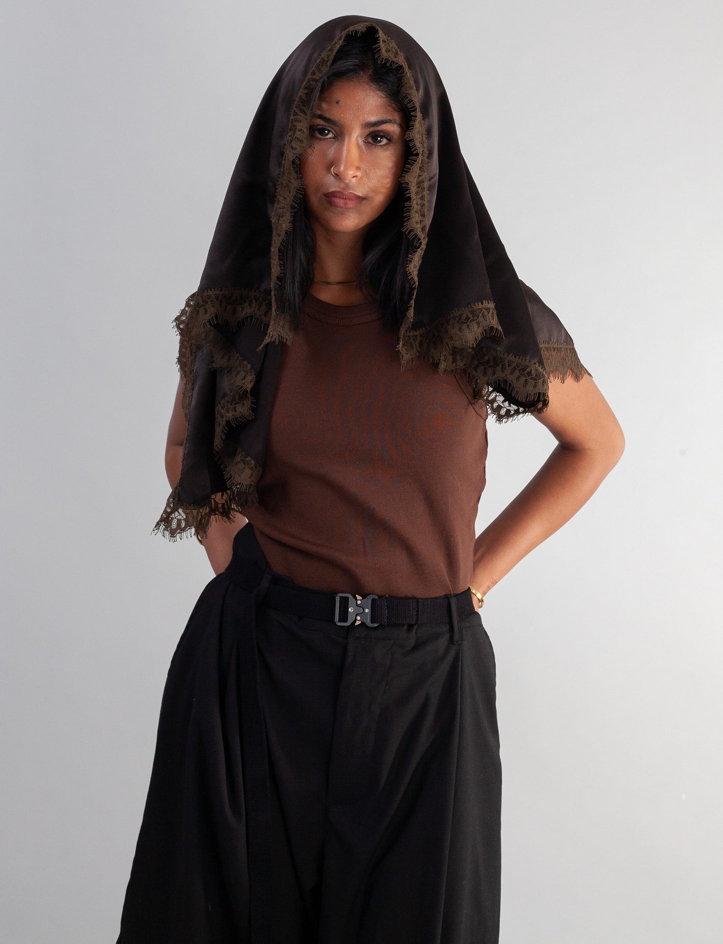 Erin Scarf with Lace trim ( Dark Brown )