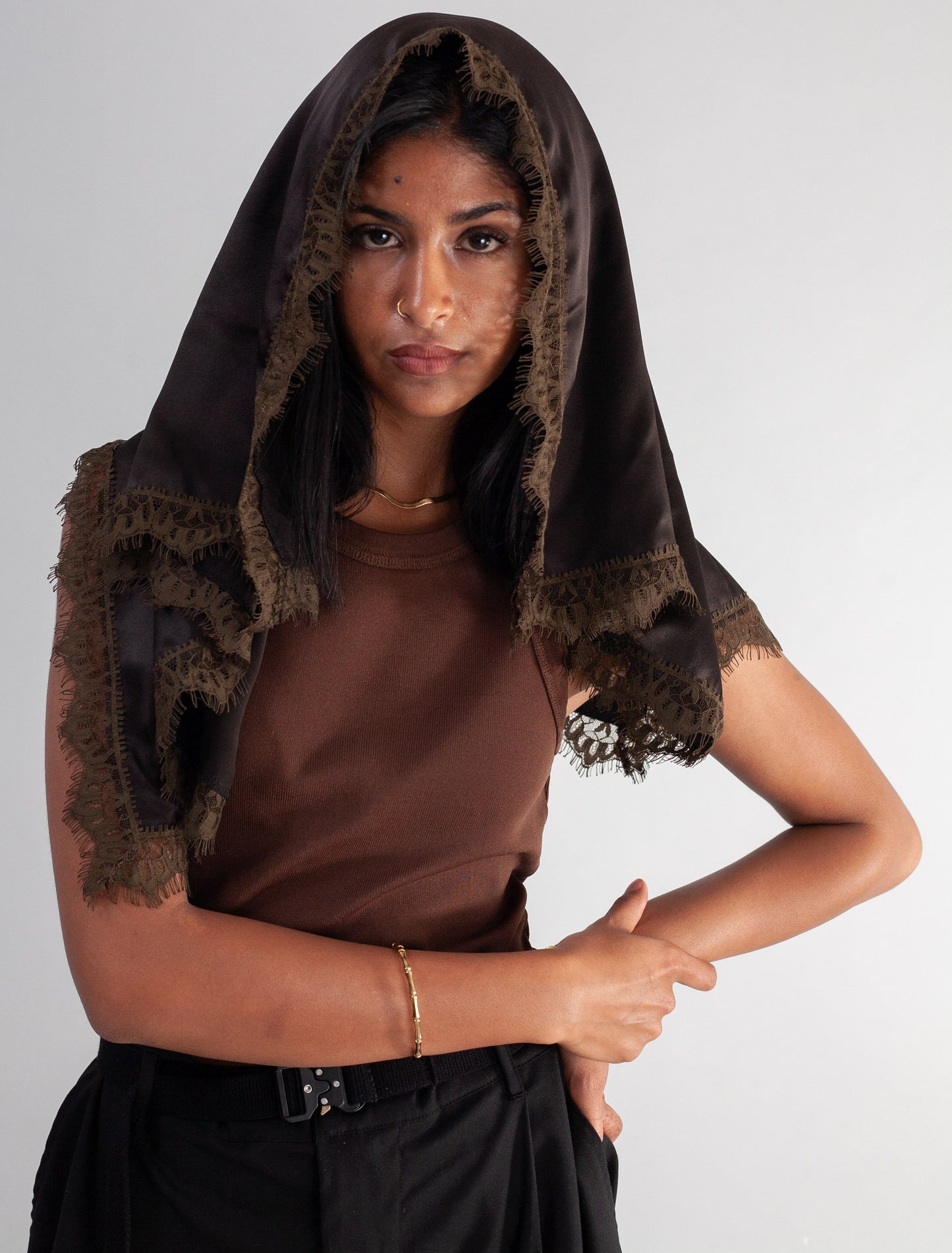 Erin Scarf with Lace trim ( Dark Brown )