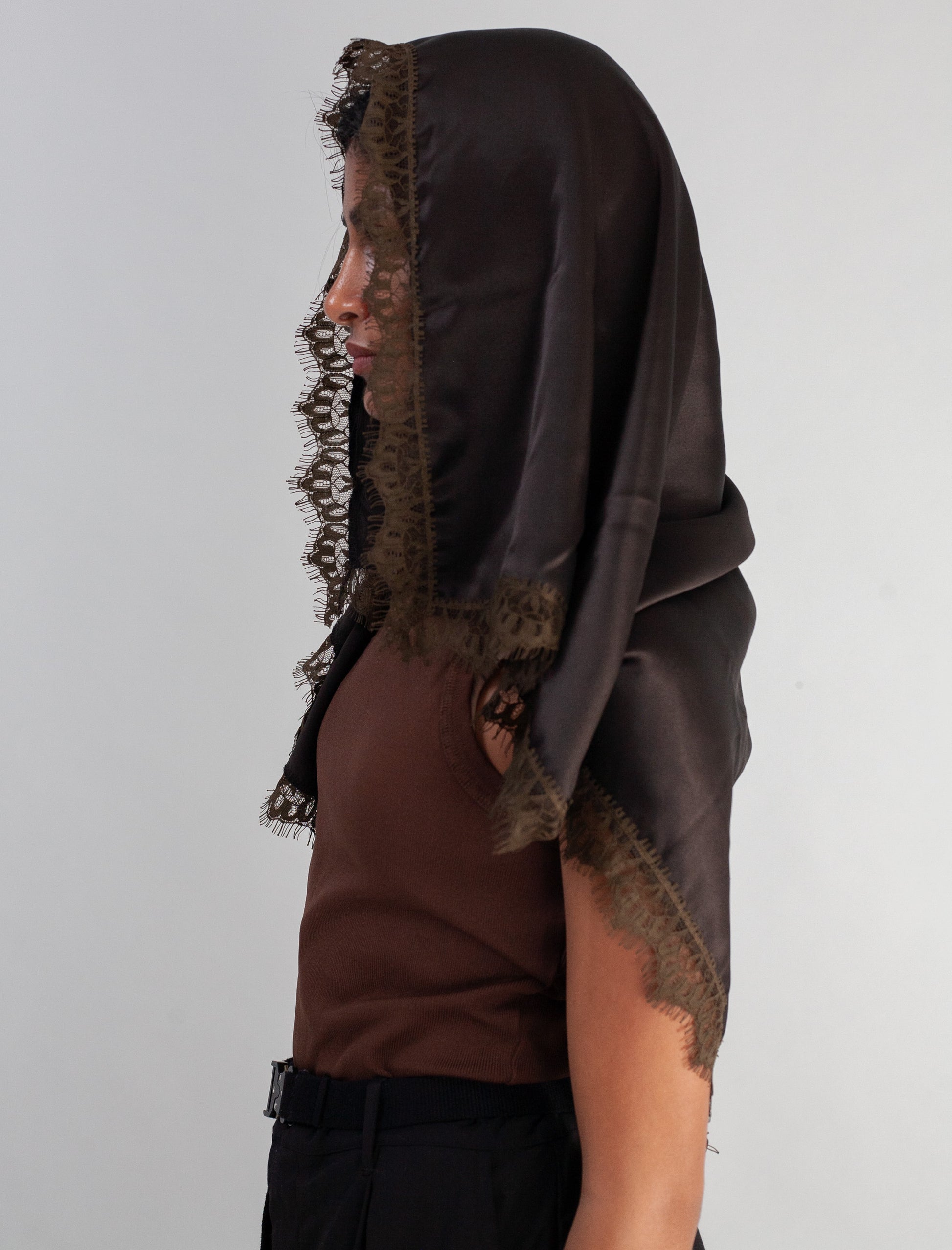Erin Scarf with Lace trim ( Dark Brown )