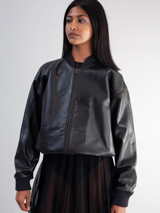 Cropped Nappa Leather Jacket ( Black )