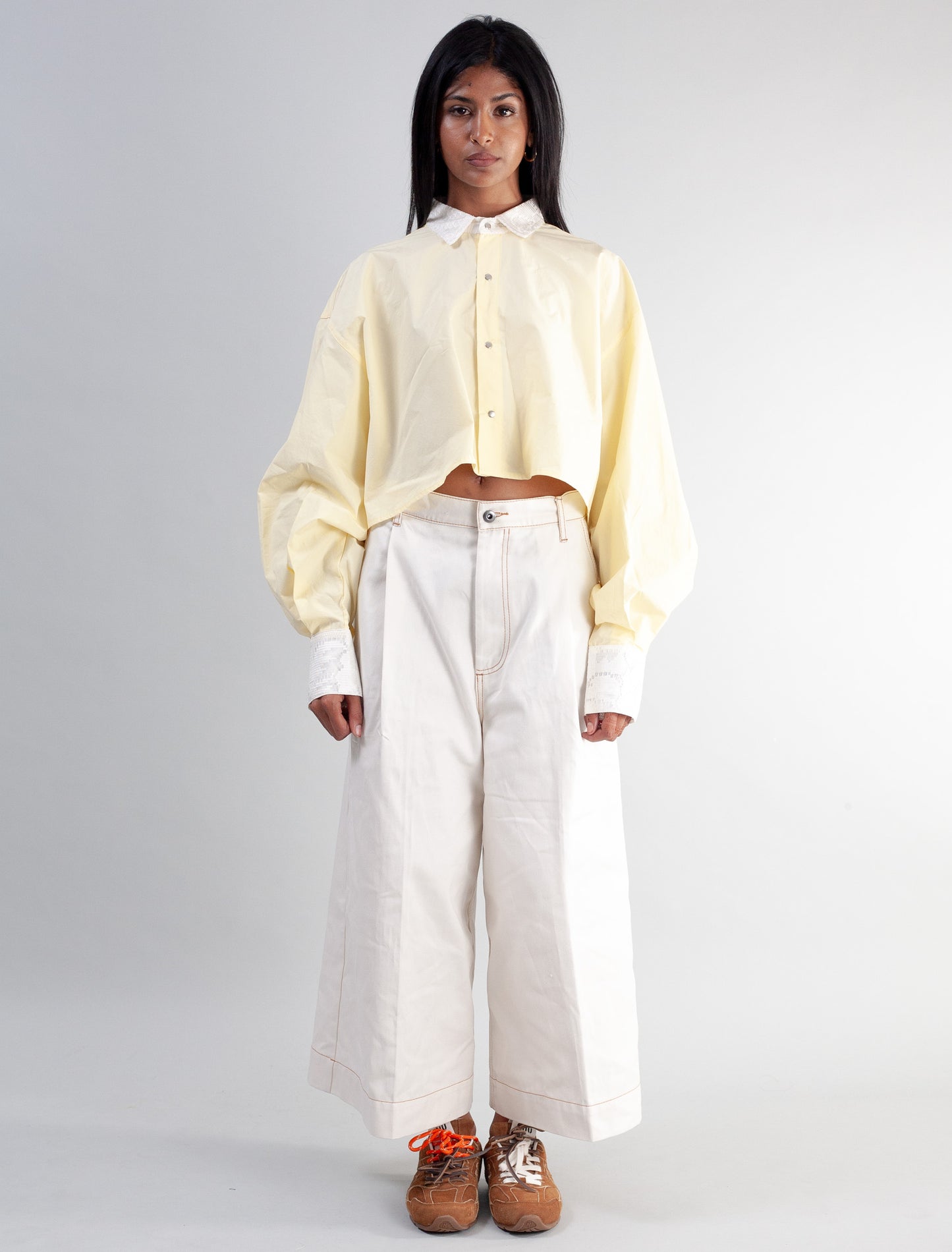 Cropped Shirt (Custard poplin and Lace )