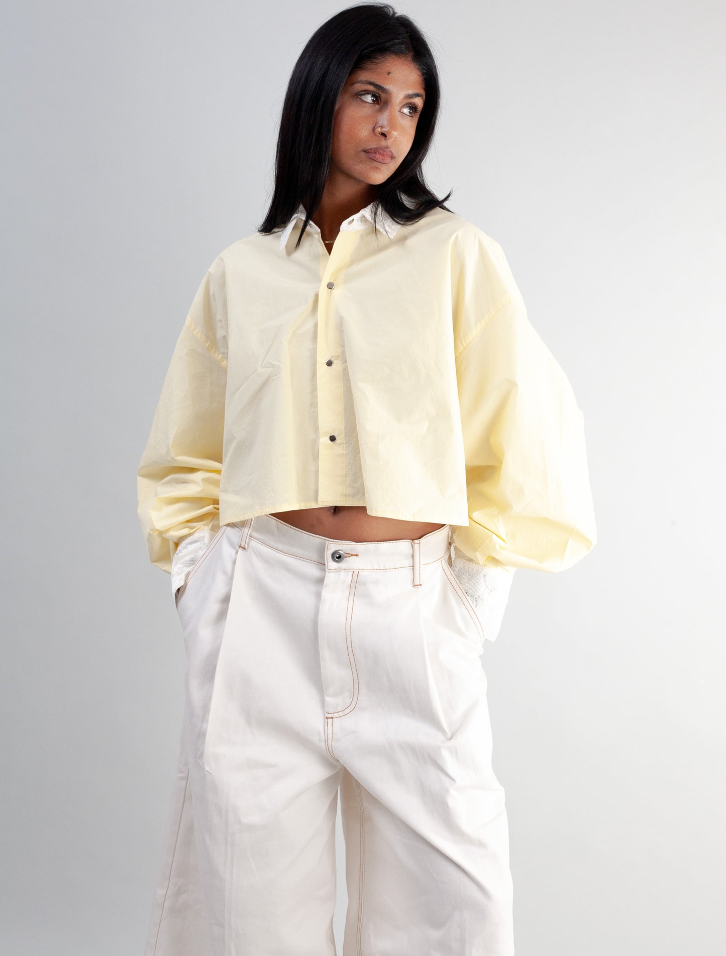 Cropped Shirt ( Custard poplin and Lace )