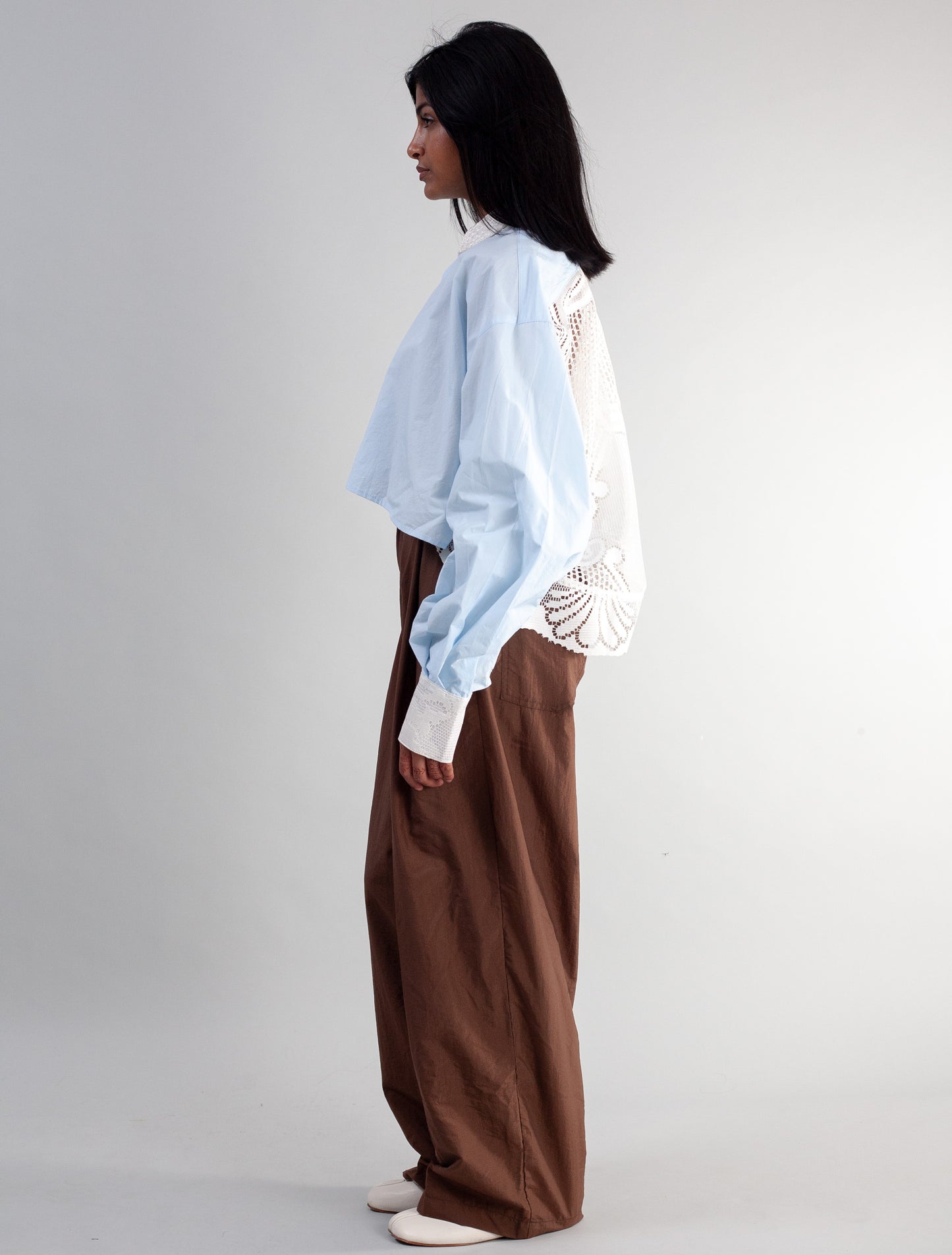 Cropped Shirt (Baby blue poplin and Lace )