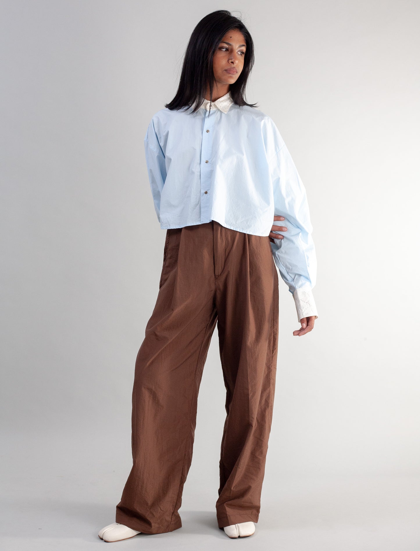 Cropped Shirt (Baby blue poplin and Lace )