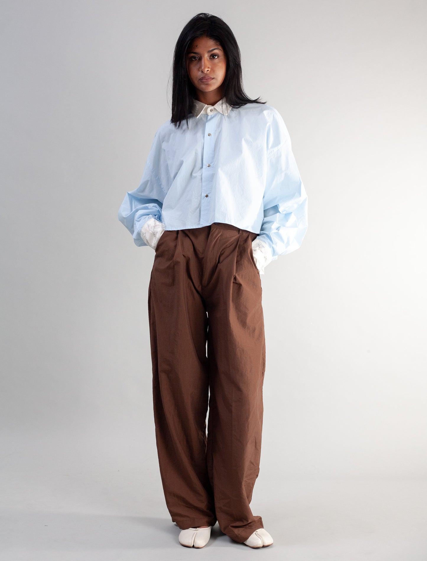 Cropped Shirt (Baby blue poplin and Lace )