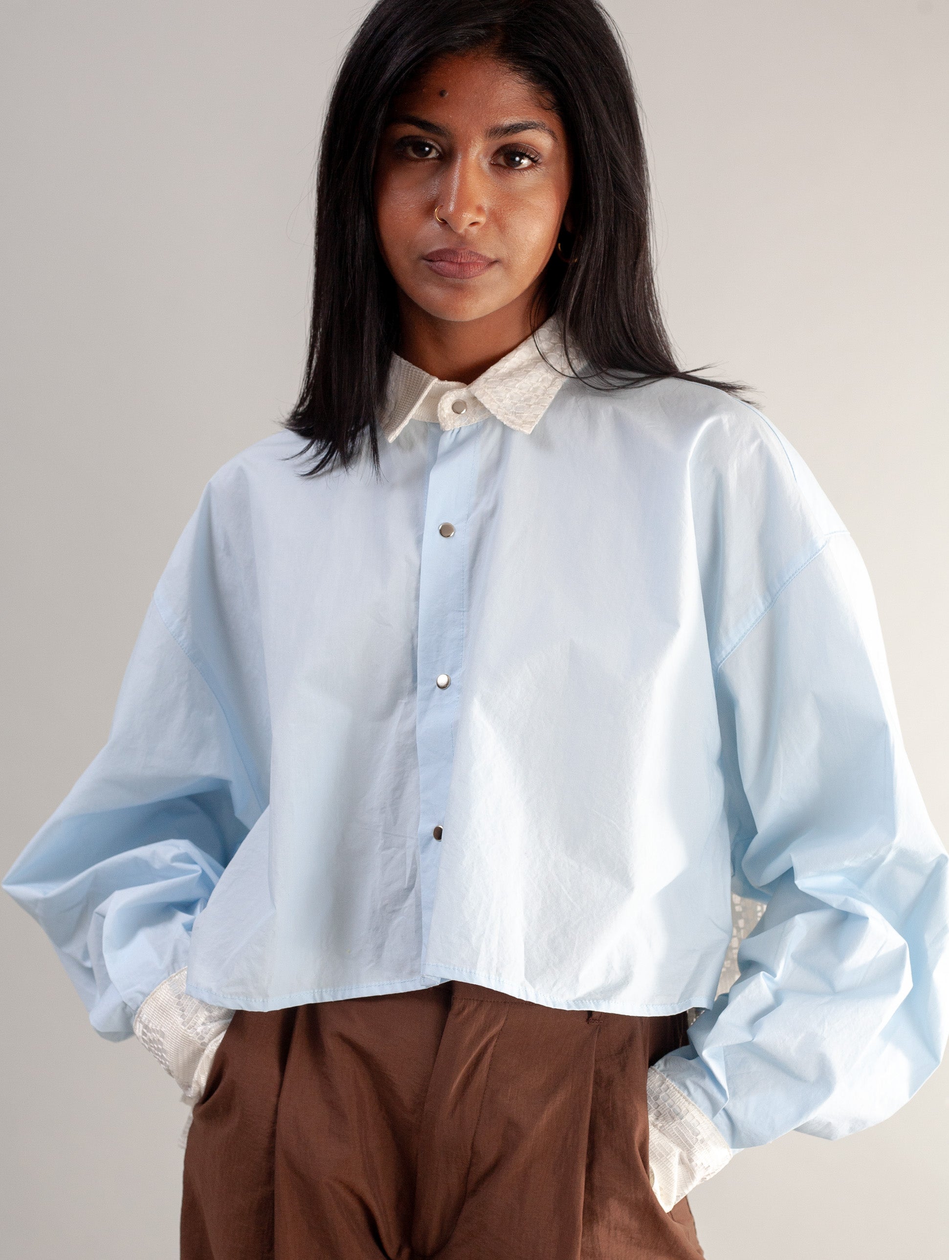 Cropped Shirt (Baby blue poplin and Lace )