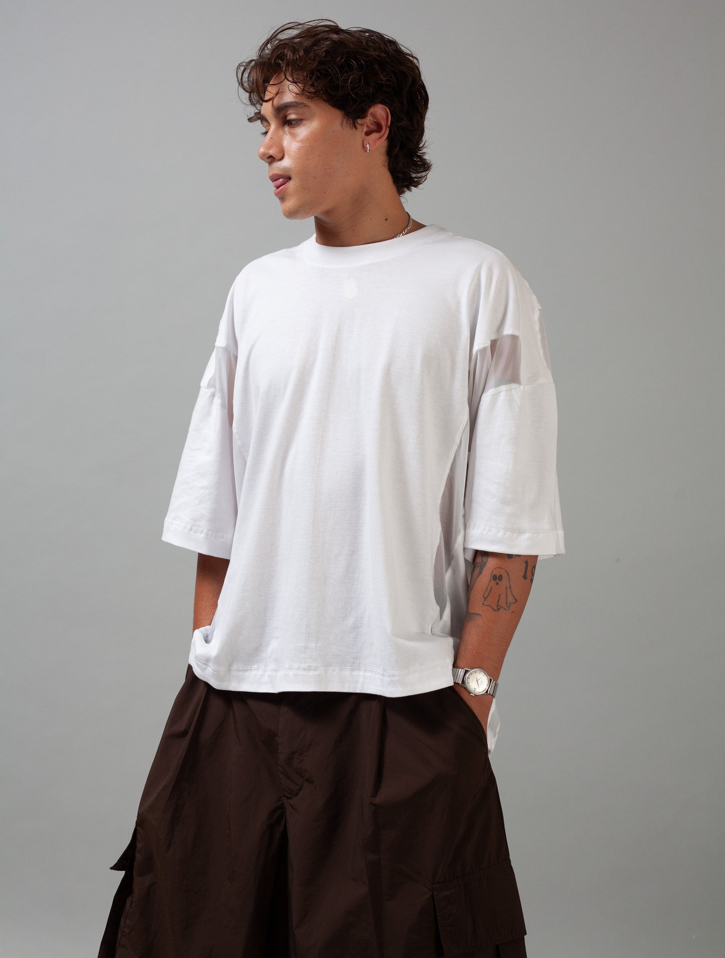 Utility Panelled Mesh T-Shirt (White)