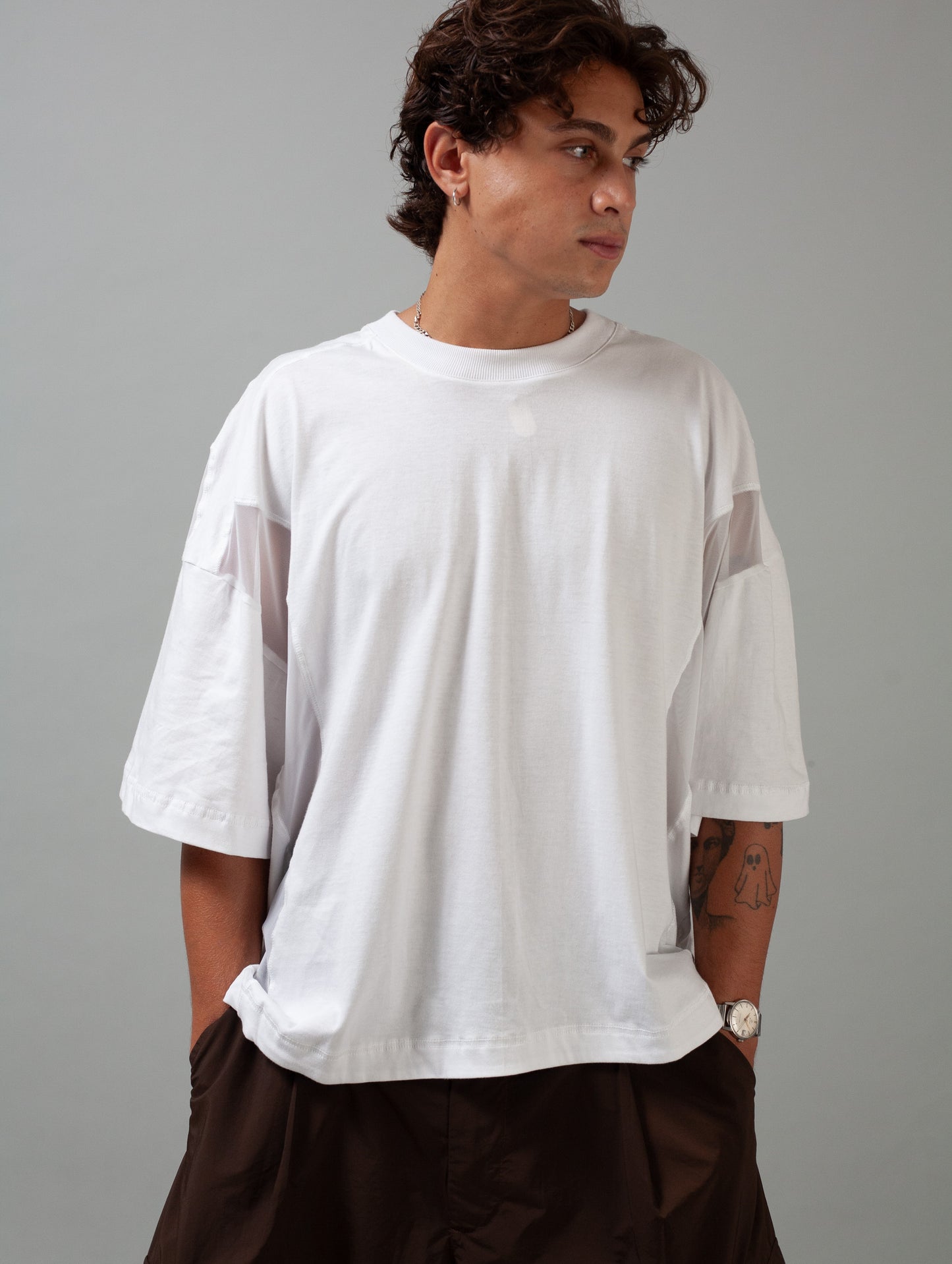 Utility Panelled Mesh T-Shirt (White)