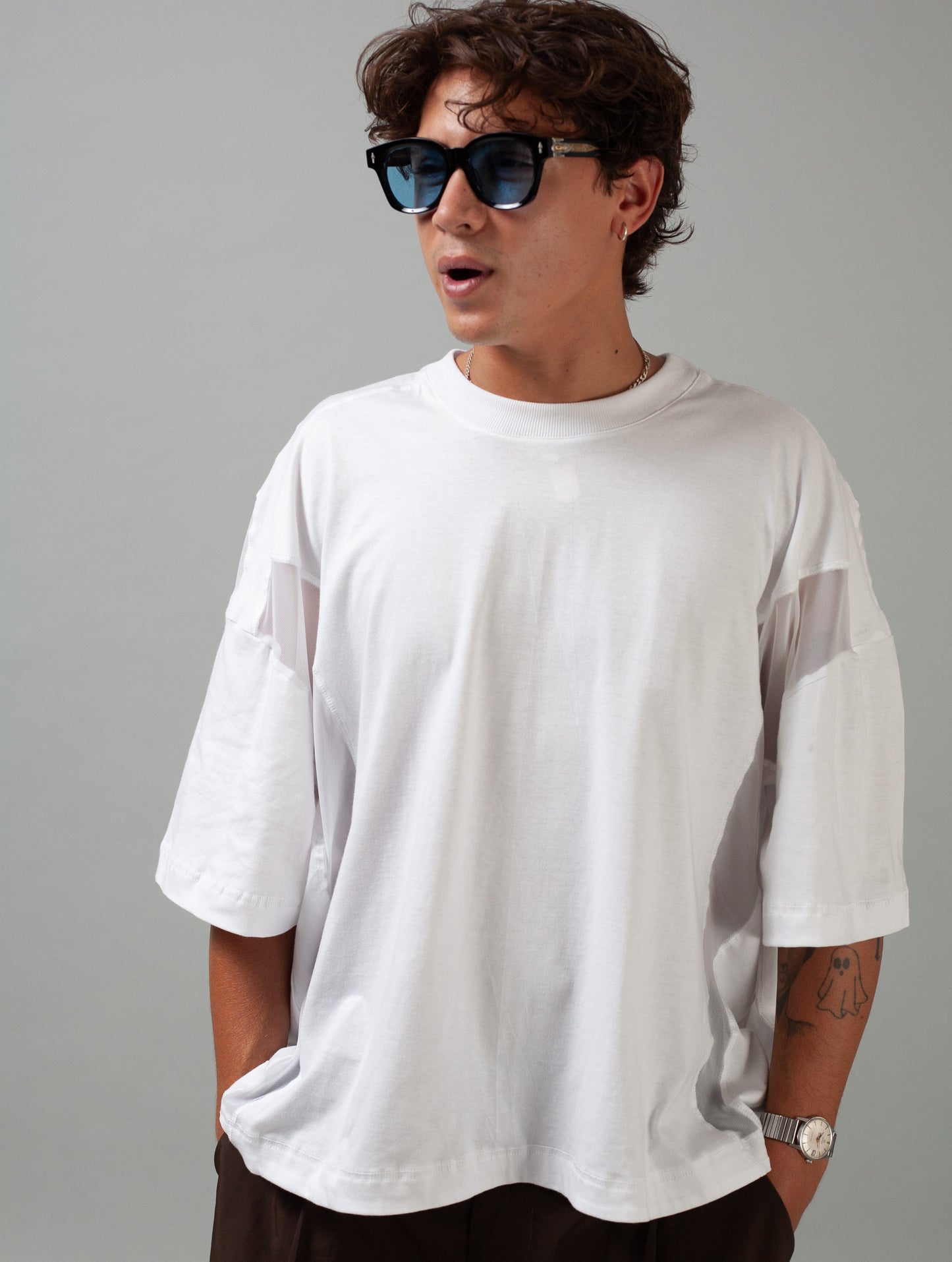 Utility Panelled Mesh T-Shirt (White)