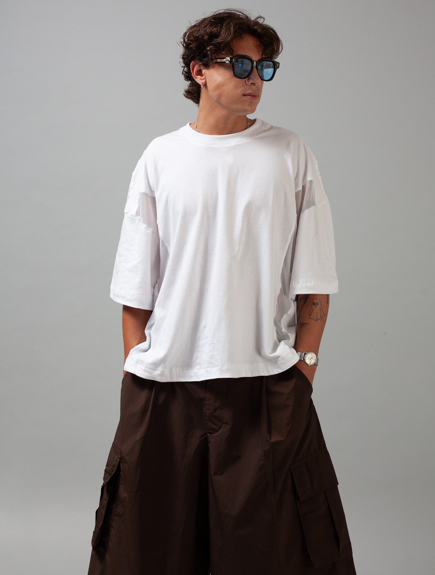 Utility Panelled Mesh T-Shirt (White)