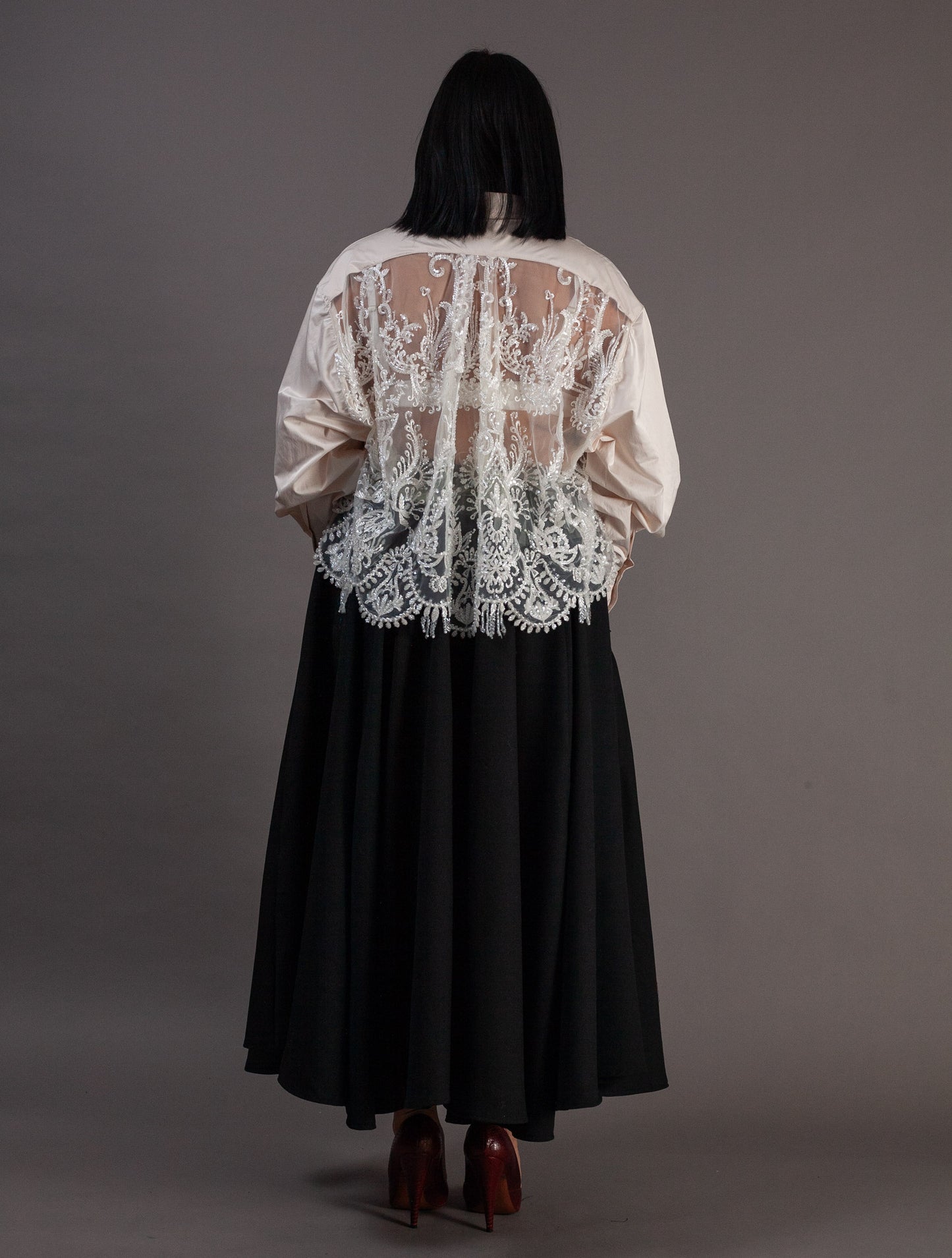 Hand Beaded Cropped Shirt (Milk & Scalloped beads)