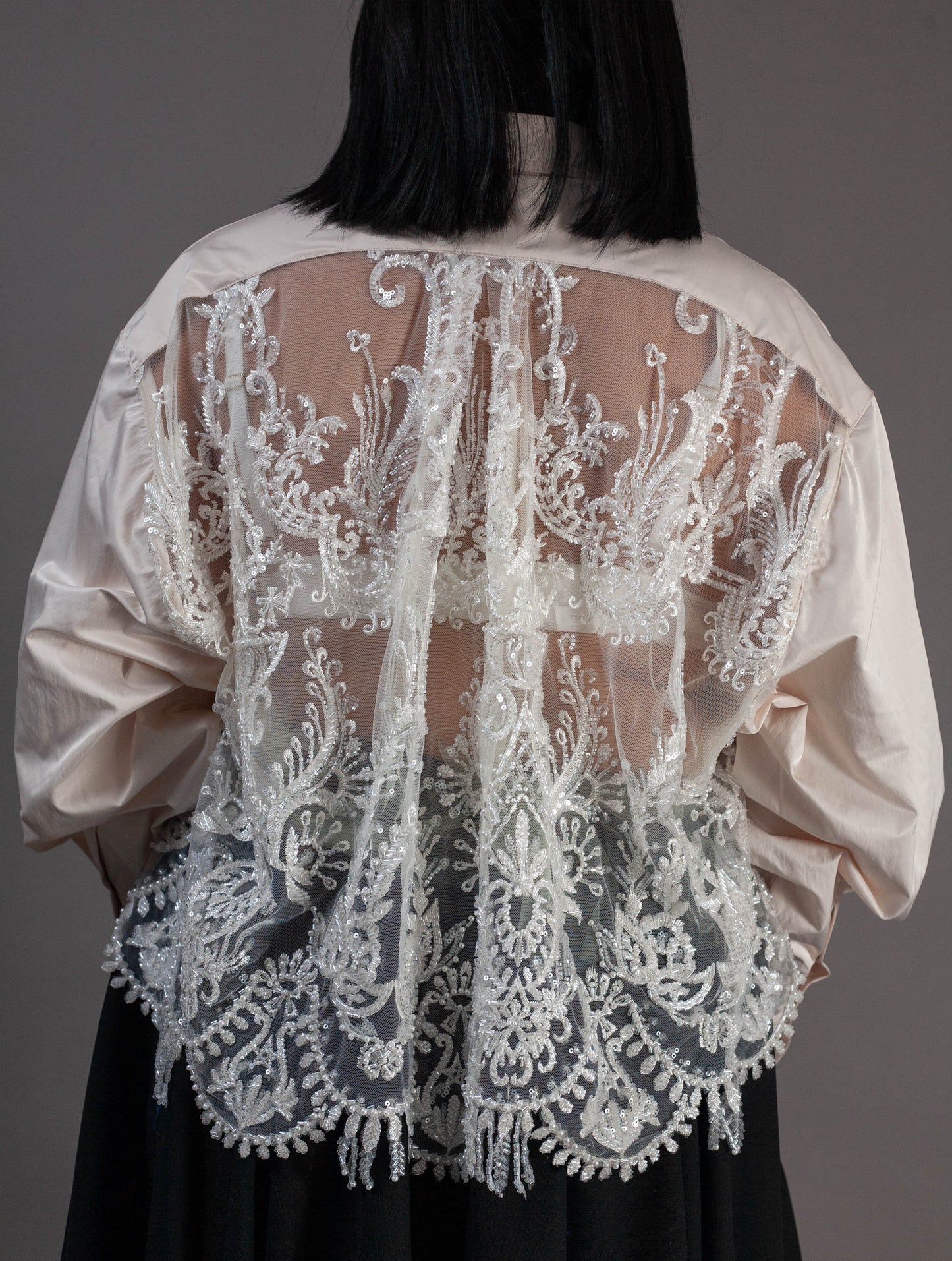 Hand Beaded Cropped Shirt (Milk & Scalloped beads)