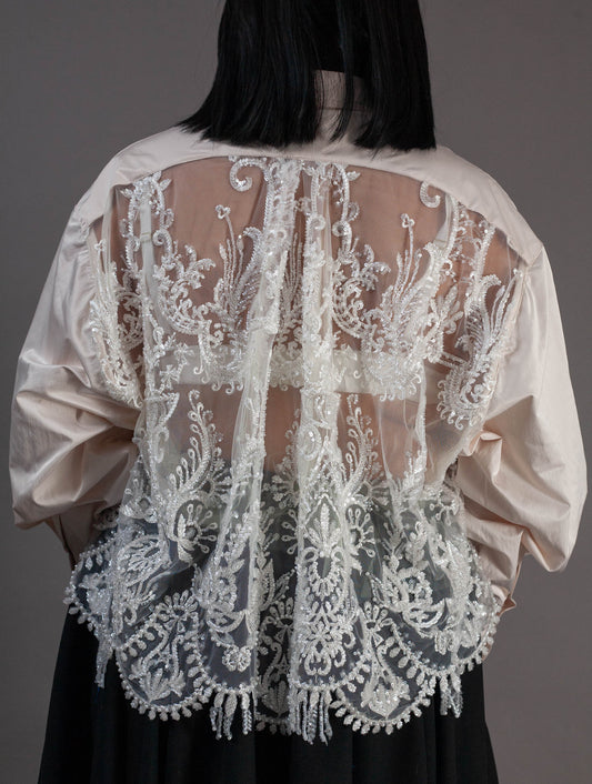 Hand Beaded Cropped Shirt (Milk & Scalloped beads)