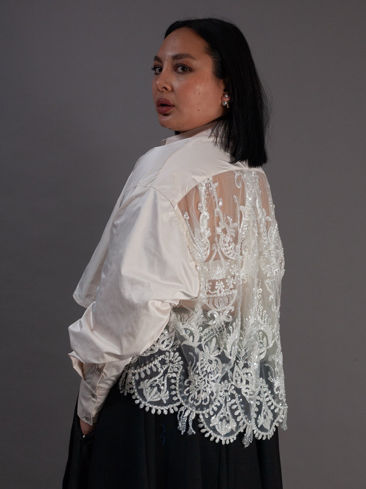 Hand Beaded Cropped Shirt (Milk & Scalloped beads)