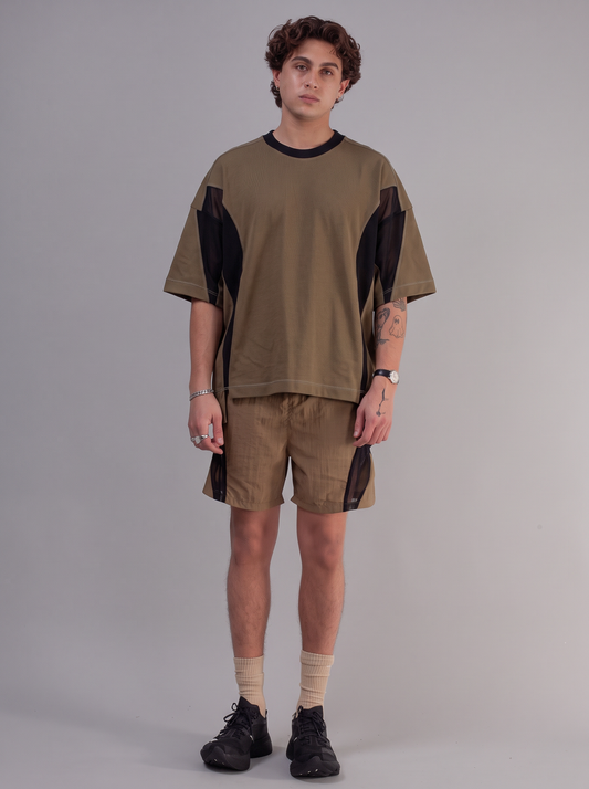 Utility Panelled Mesh T-Shirt (Olive)