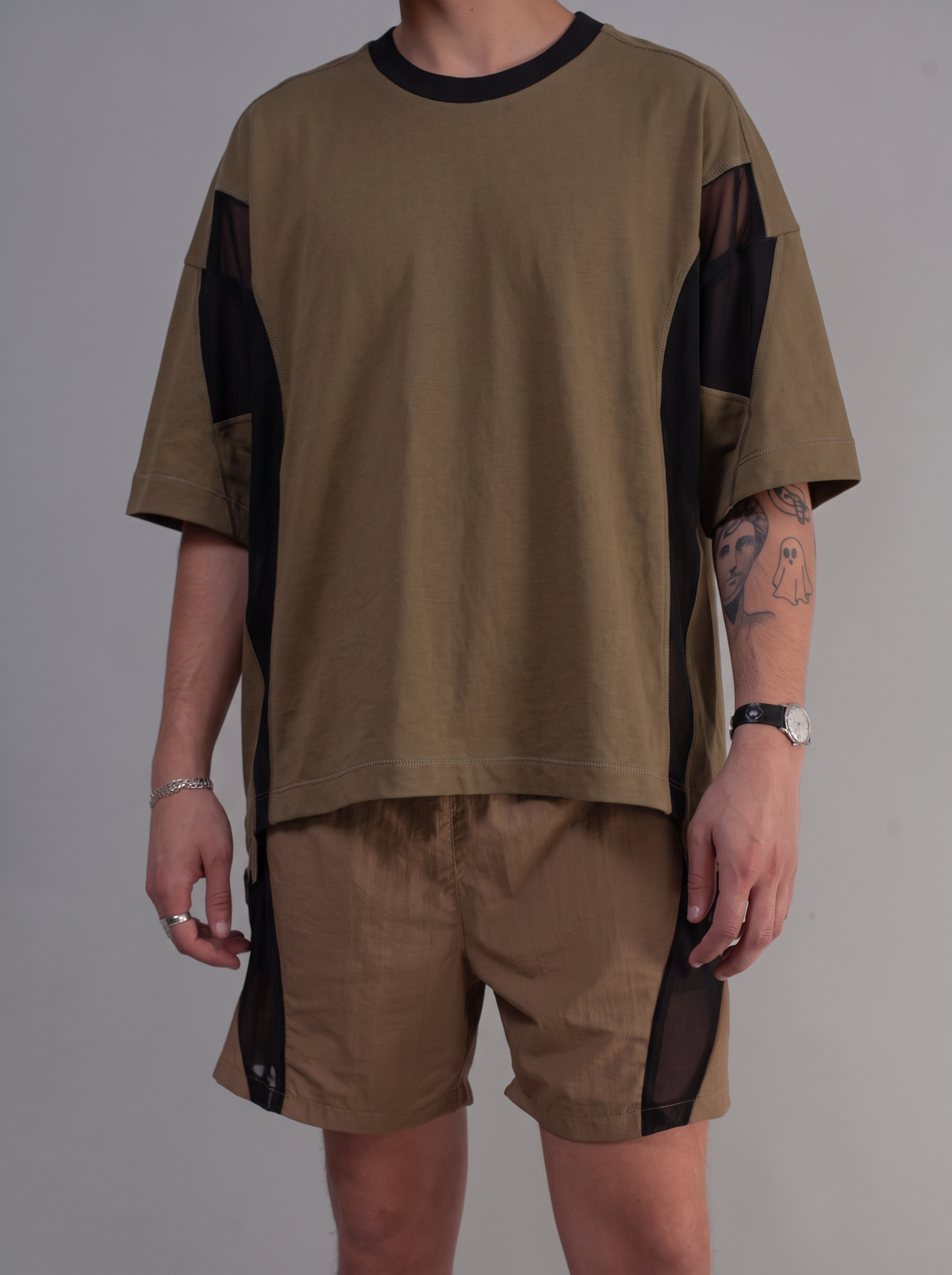 Utility Panelled Mesh T-Shirt (Olive)