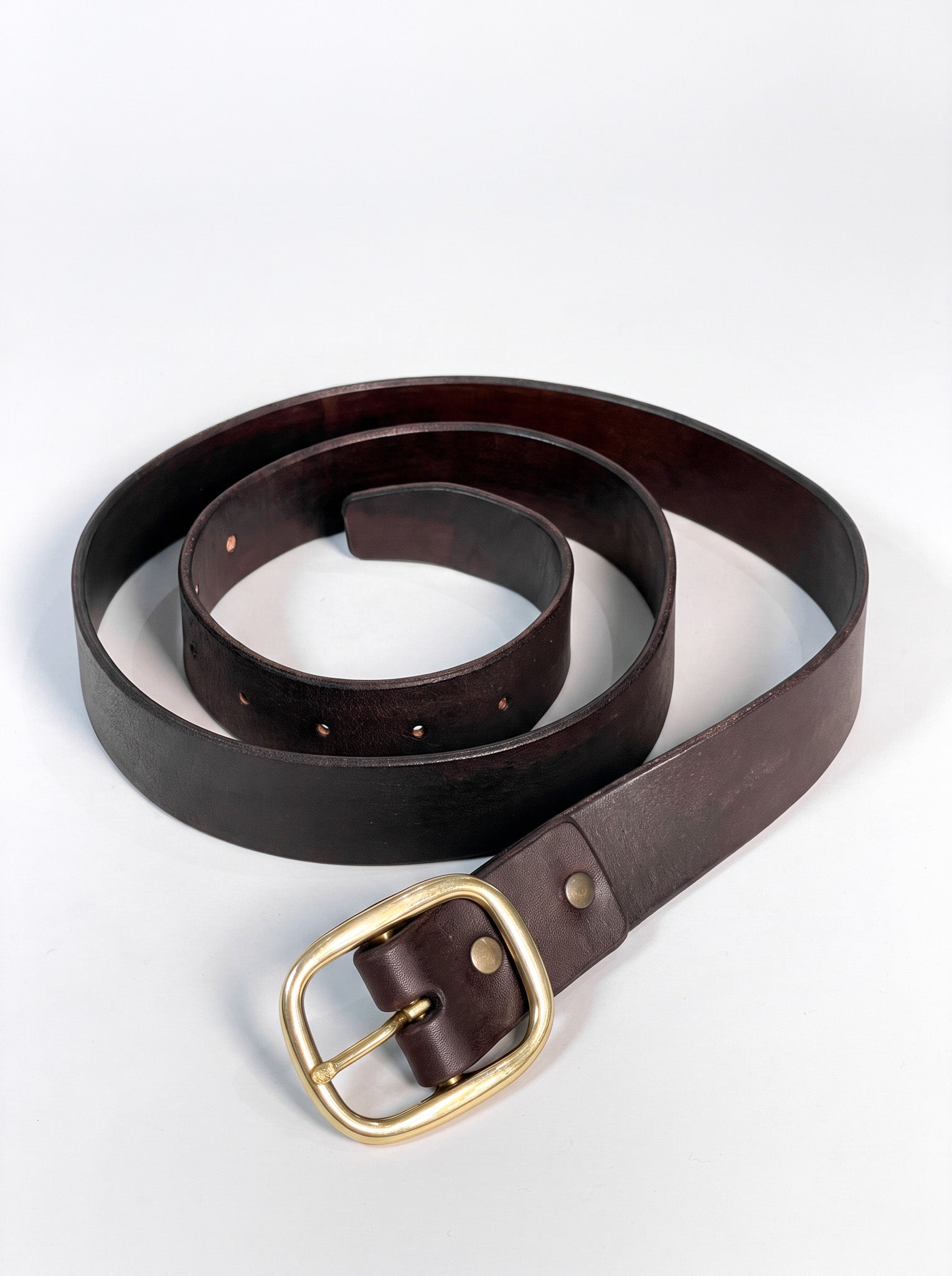 A dark brown leather belt with a gold-tone buckle, coiled on a light gray background.