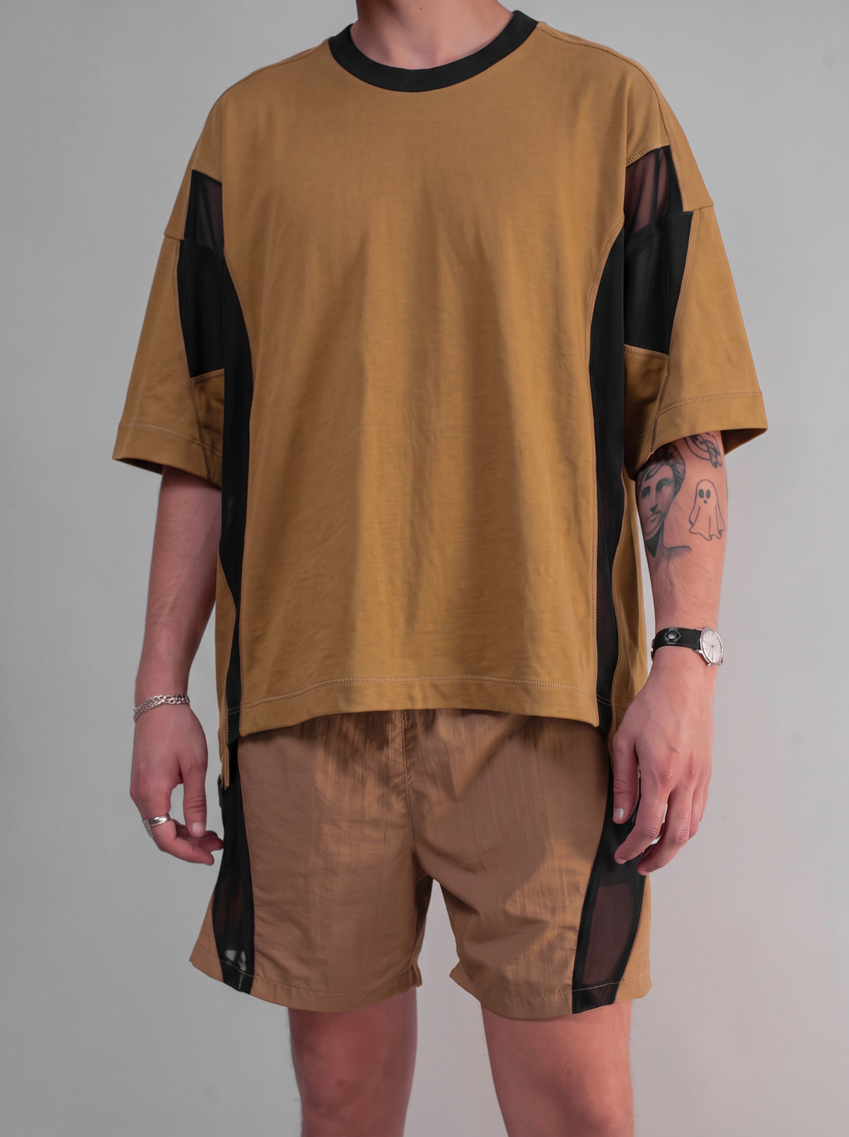 Utility Panelled Mesh T-Shirt (Safari)