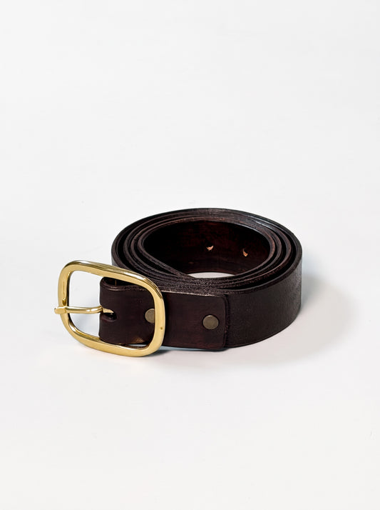A dark brown leather belt with a polished gold-tone metal buckle, coiled on a clean white background.