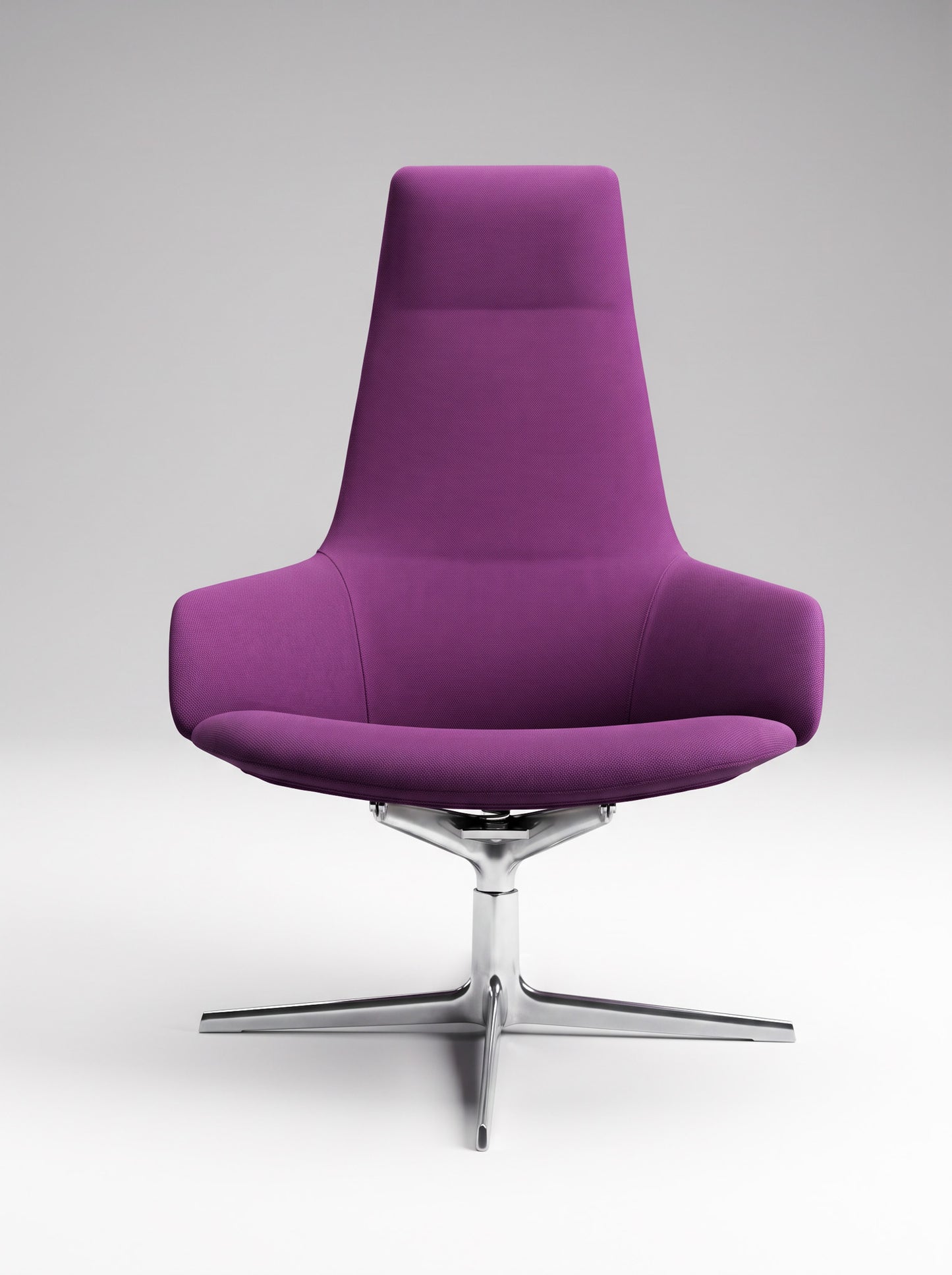 A modern high-back swivel chair upholstered in textured purple fabric, mounted on a polished chrome star base, set against a neutral gray studio background.