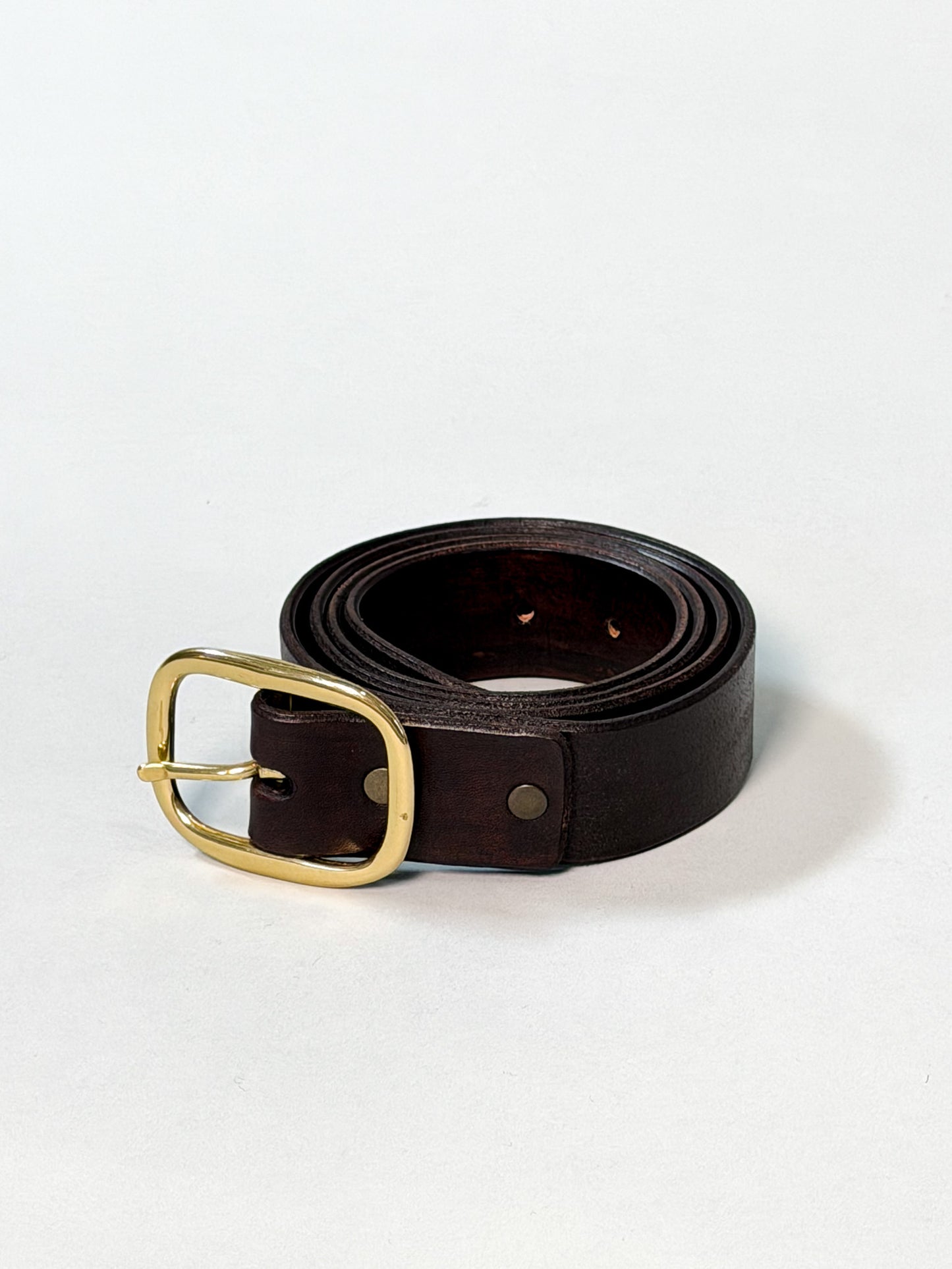 A dark brown leather belt with a gold-tone metal buckle, coiled on a light gray background.