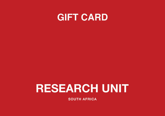 A red gift card design with white text reading 'GIFT CARD' at the top, 'RESEARCH UNIT' in the lower middle, and 'SOUTH AFRICA' underneath.