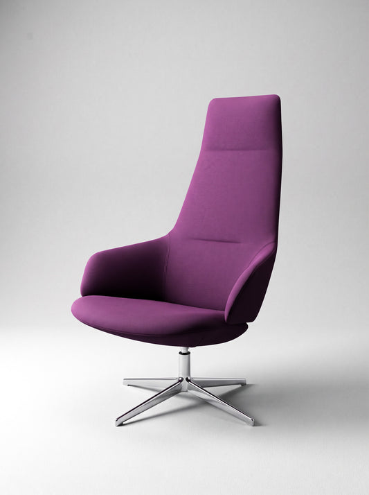 A modern high-back swivel armchair upholstered in purple fabric with a chrome five-star base, shown against a neutral light gray studio background.