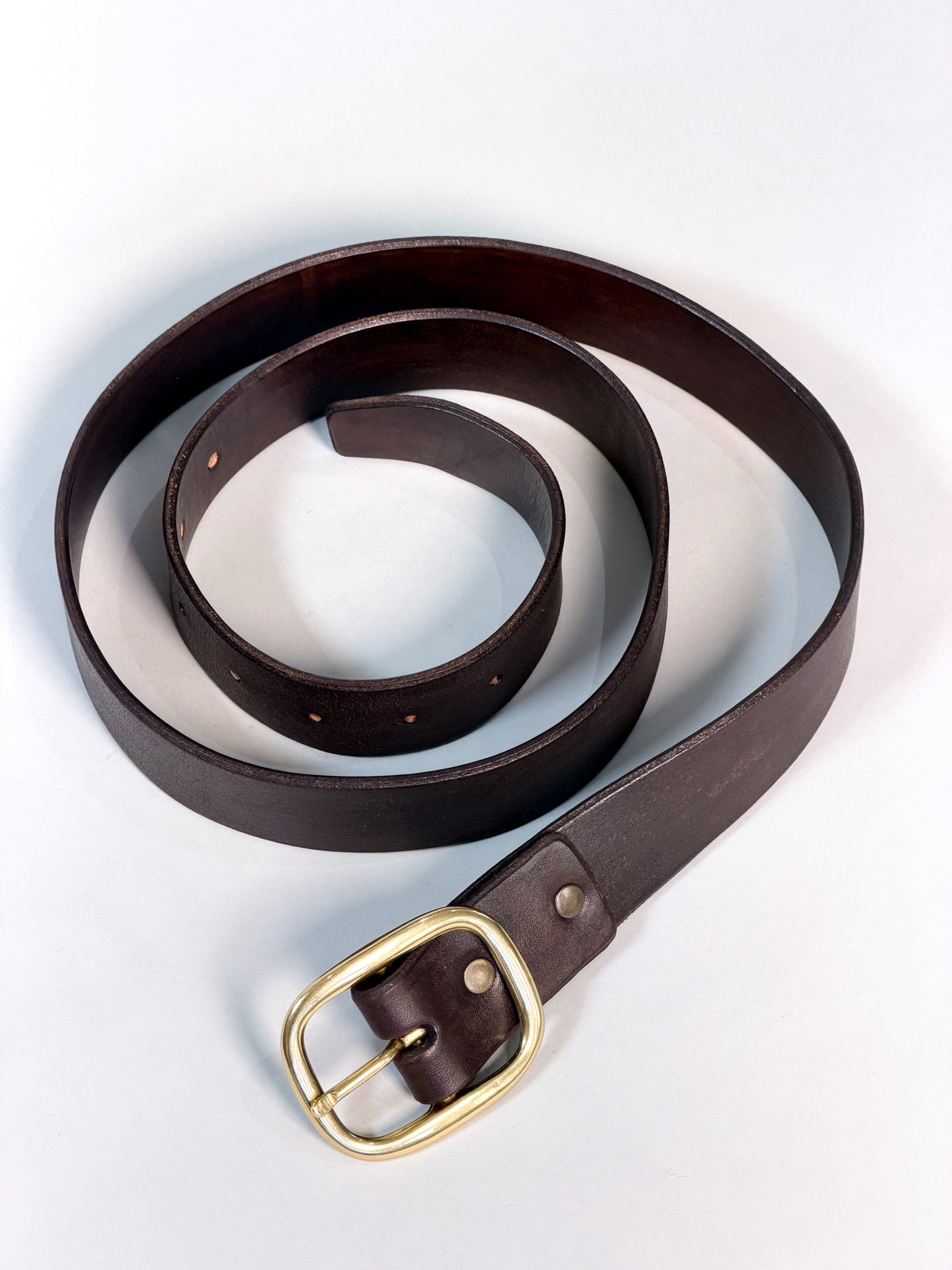 A dark brown leather belt with a square gold-tone metal buckle, coiled on a light gray background.
