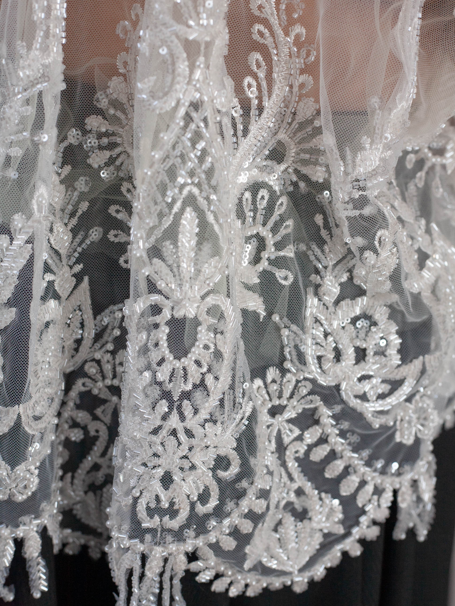 Close-up of intricate lace fabric with white embroidery on a black background