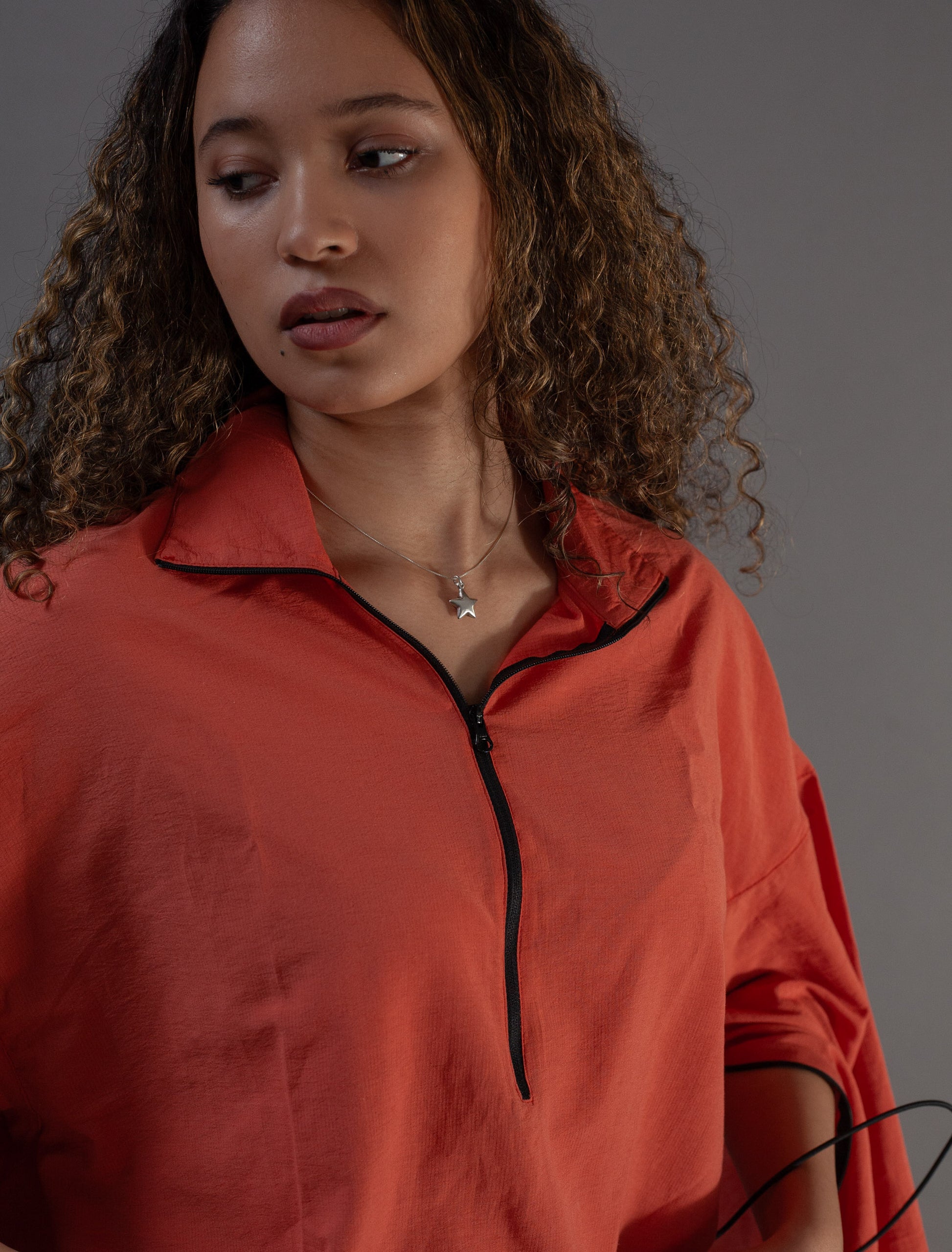 front collar zip detail orange Asia top